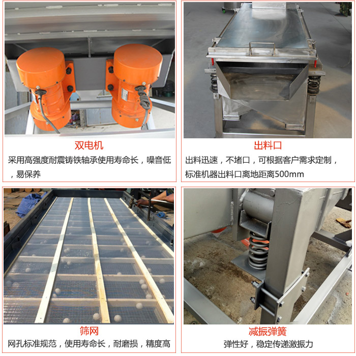 線振動(dòng)篩配件優(yōu)勢：雙電機(jī)采用高強(qiáng)度耐震鑄鐵軸承使用壽命長，噪音低，易保養(yǎng)，出料口：出料迅速，不堵口，可根據(jù)客戶需求定制標(biāo)準(zhǔn)機(jī)器出料口離地距離500mm。篩網(wǎng)：網(wǎng)孔標(biāo)準(zhǔn)規(guī)范，使用壽命長，耐磨損，精度高。減震彈簧彈性好，穩(wěn)定傳遞激振力。
